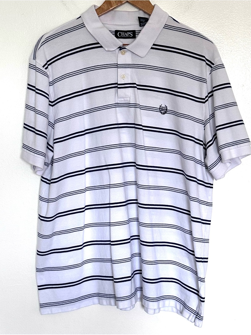 Chaps Polo Shirt Men’s XL Blue White Striped Cotton Short Sleeve Collared Top